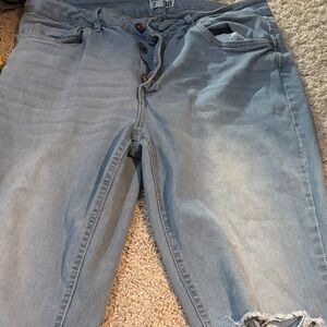 Blue Button-Fly Distressed Jeans